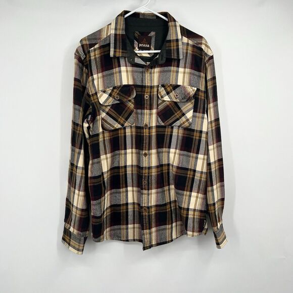 Prana Button Lybek LS Flannel Shirt Mens L Brown Plaid Western Rodeo Outdoor - Picture 1 of 9